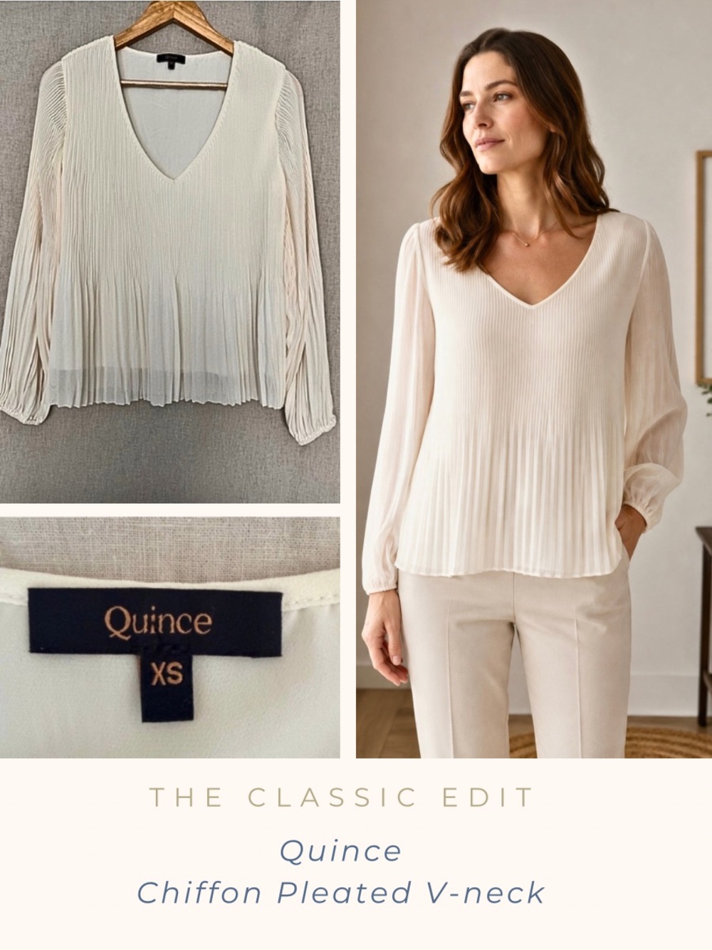 Quince Pleated Chiffon V-Neck Blouse Ivory